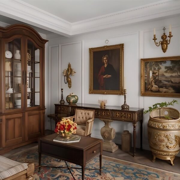 Belle piece avec meubles anciens lustres et objets de collection lors d'un rachat de brocante dans le vaucluse